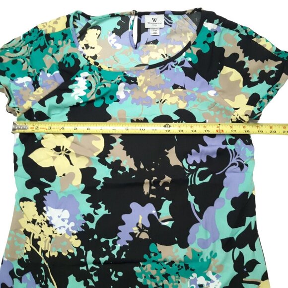 Worthington Top Womens Petite PM Green Floral Short Sleeve Keyhole 36 in Chest - Picture 2 of 13